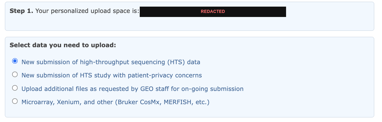 Step 1 of the GEO FTP page showing the personal upload space and data type options