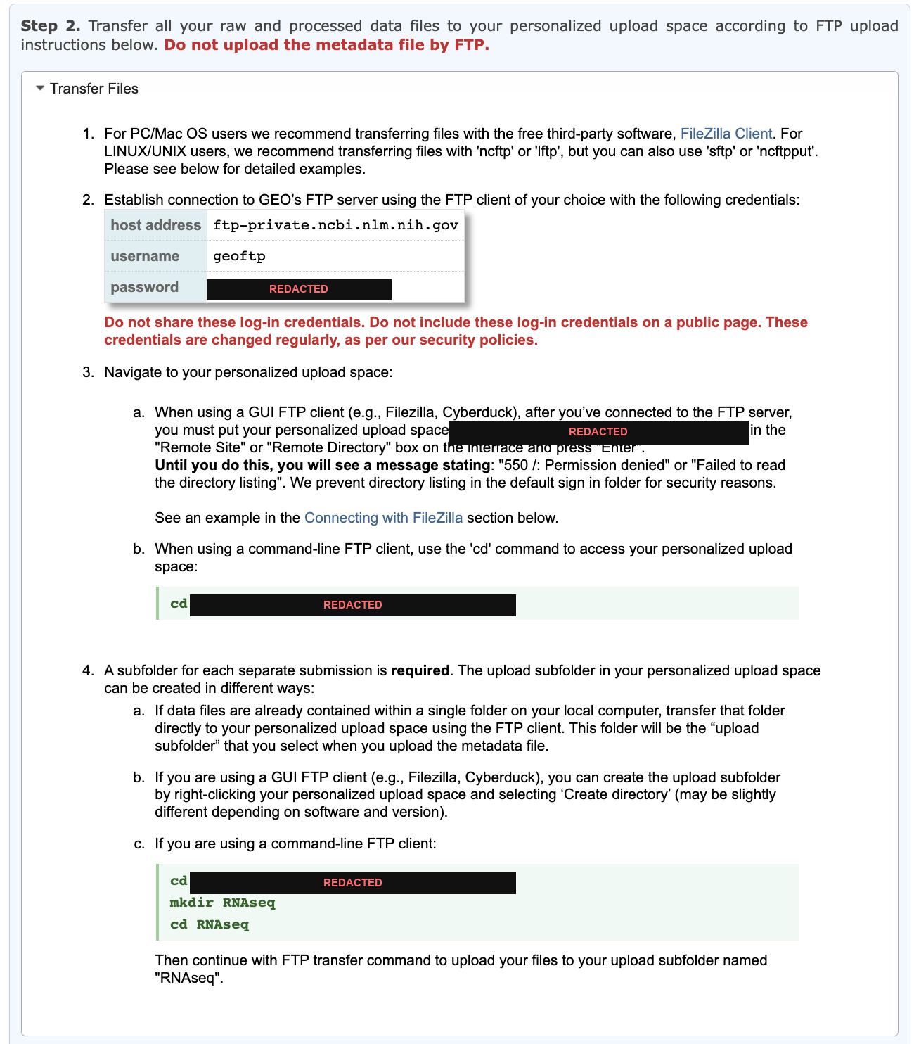 GEO FTP page step 2, showing host address and username