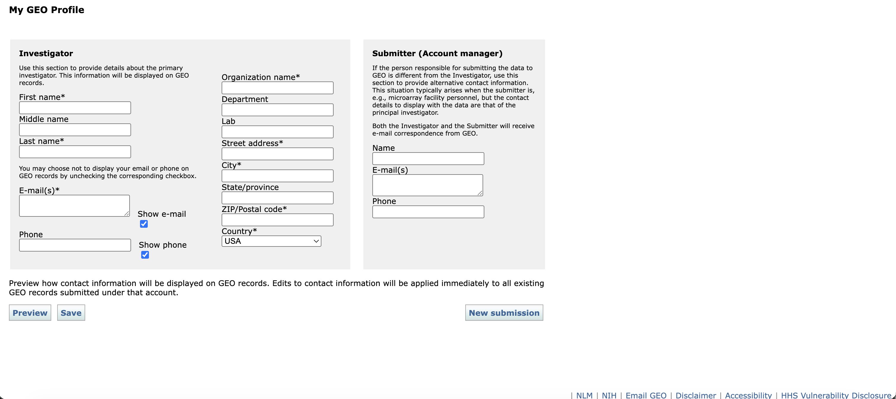 The My GEO Profile form, with Investigator and Submitter sections