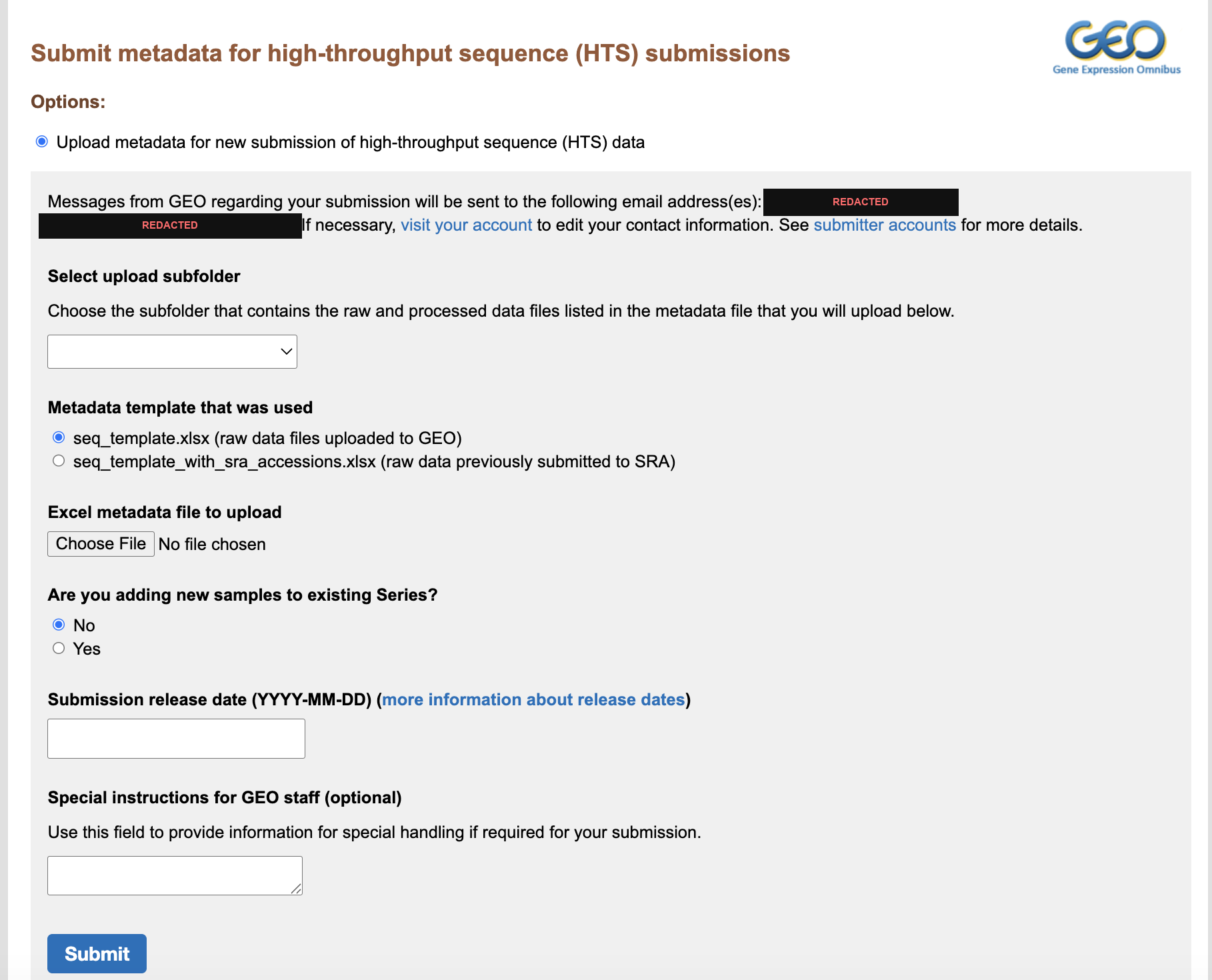 The GEO Submit metadata form
