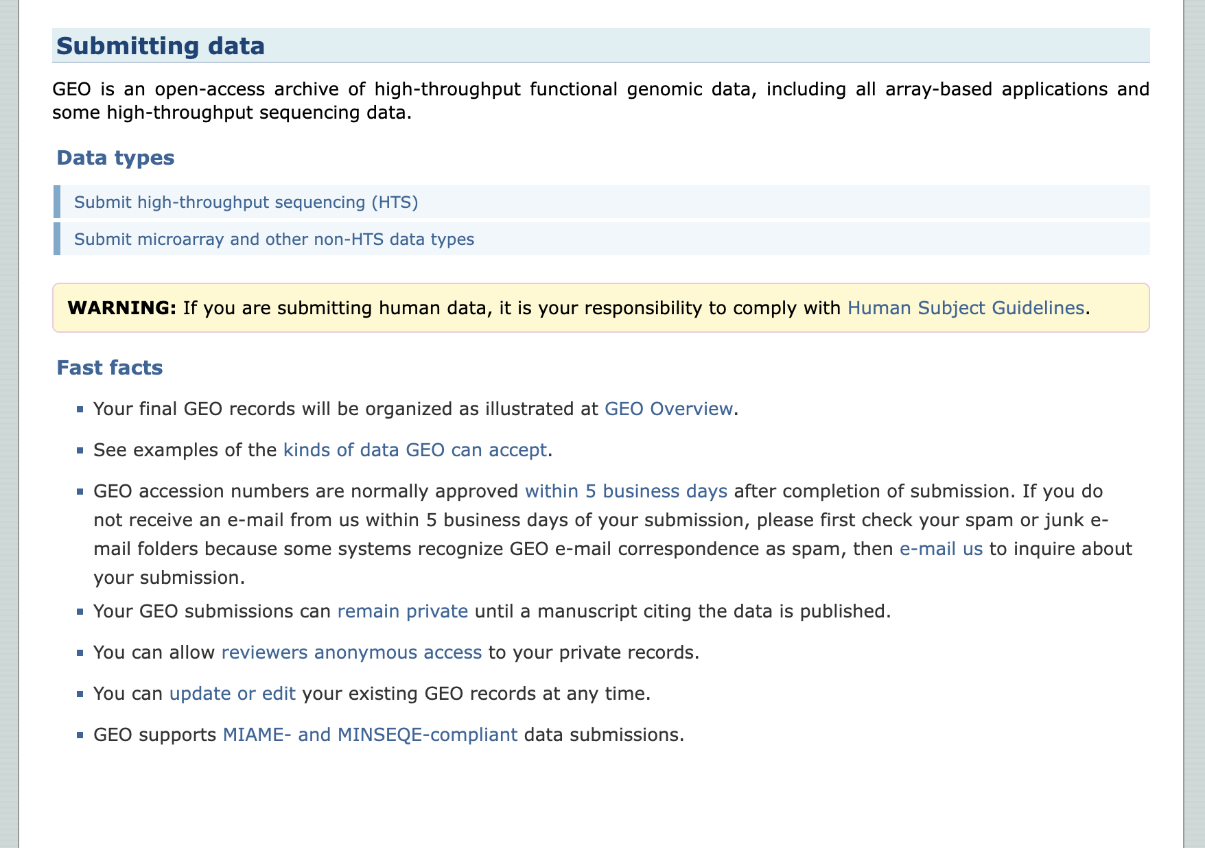 GEO Submitting data page listing accepted data types and fast facts